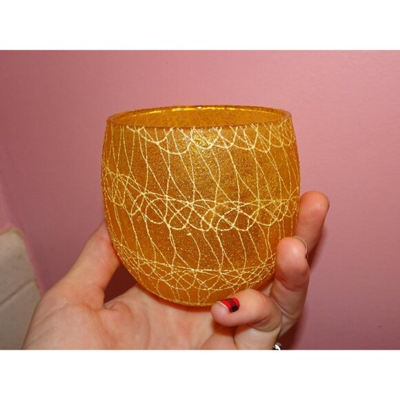 Vintage Yellow Spaghetti String Drink Glass 1970s mcm rocks glass - Picture 2 of 10